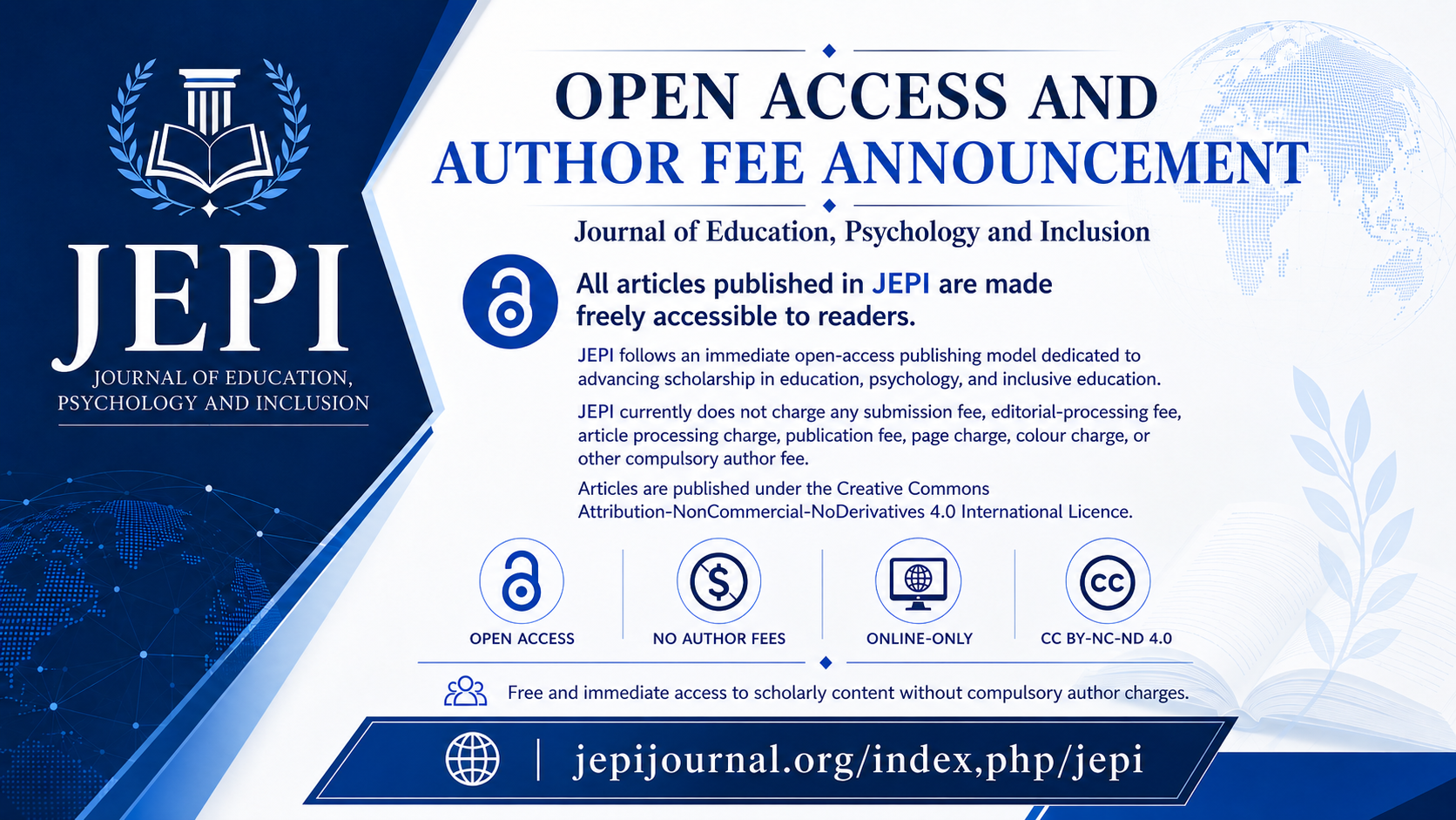 JEPI provides immediate open access to its published content and currently does not charge authors any submission or publication fee.